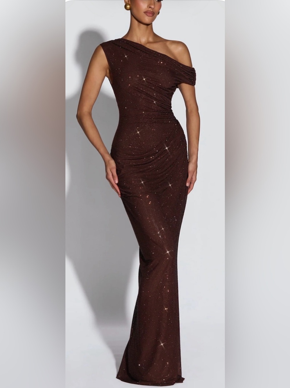 One-Shoulder Brown Sparkle Evening Gown